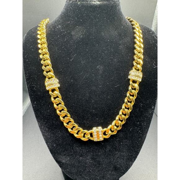 S.A.L. Swarovski Gold Clear Crystal Cuban Chain Link Chunky Statement Necklace - Picture 1 of 7